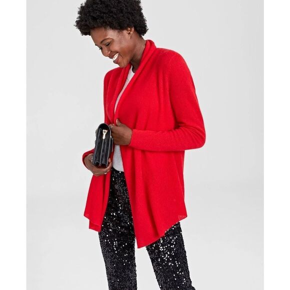 Sweaters - Charter Club Cashmere Open-Front Short Cardigan Calypso Red XS